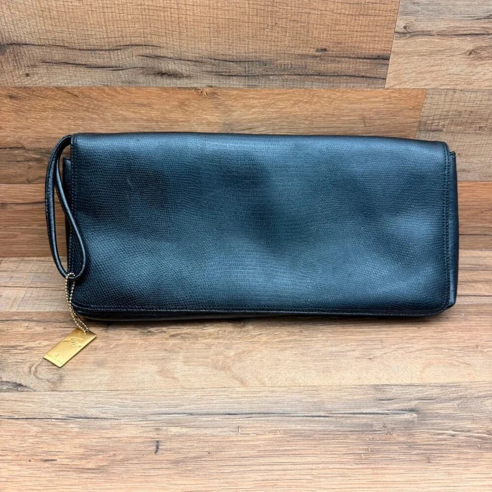 Stone Mountain Black Leather Clutch Purse Lizard Embossed Wristlet Flap Bag